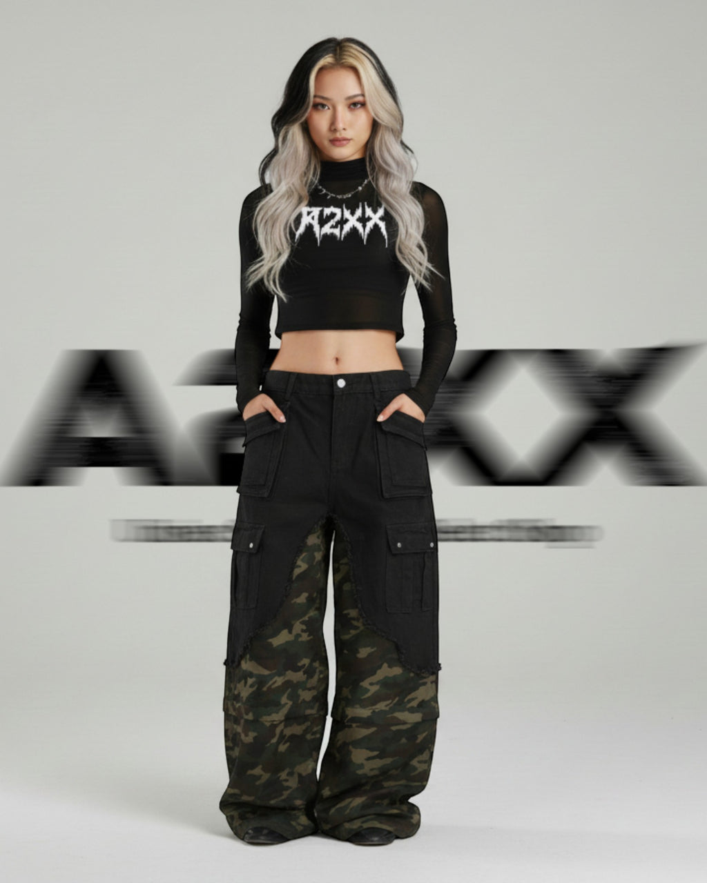 Layered Camo Wide Cargo Pants