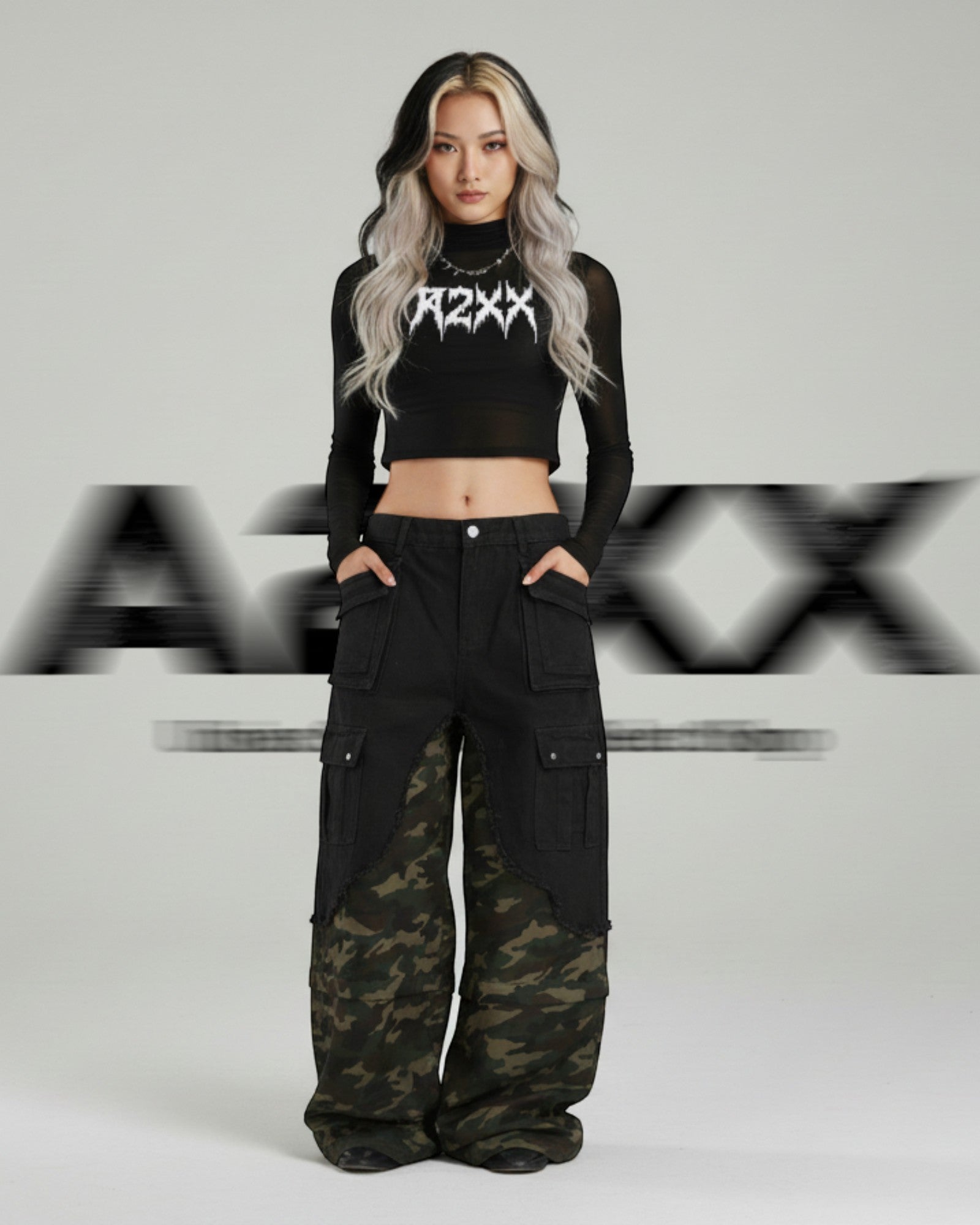 Layered Camo Wide Cargo Pants
