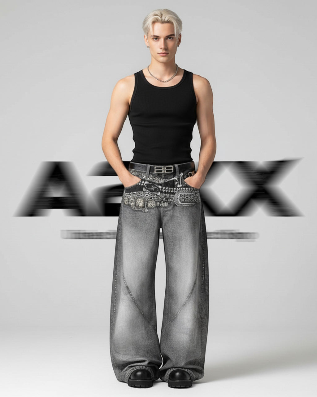 Venom Grey Patchwork Baggy Denim Pants