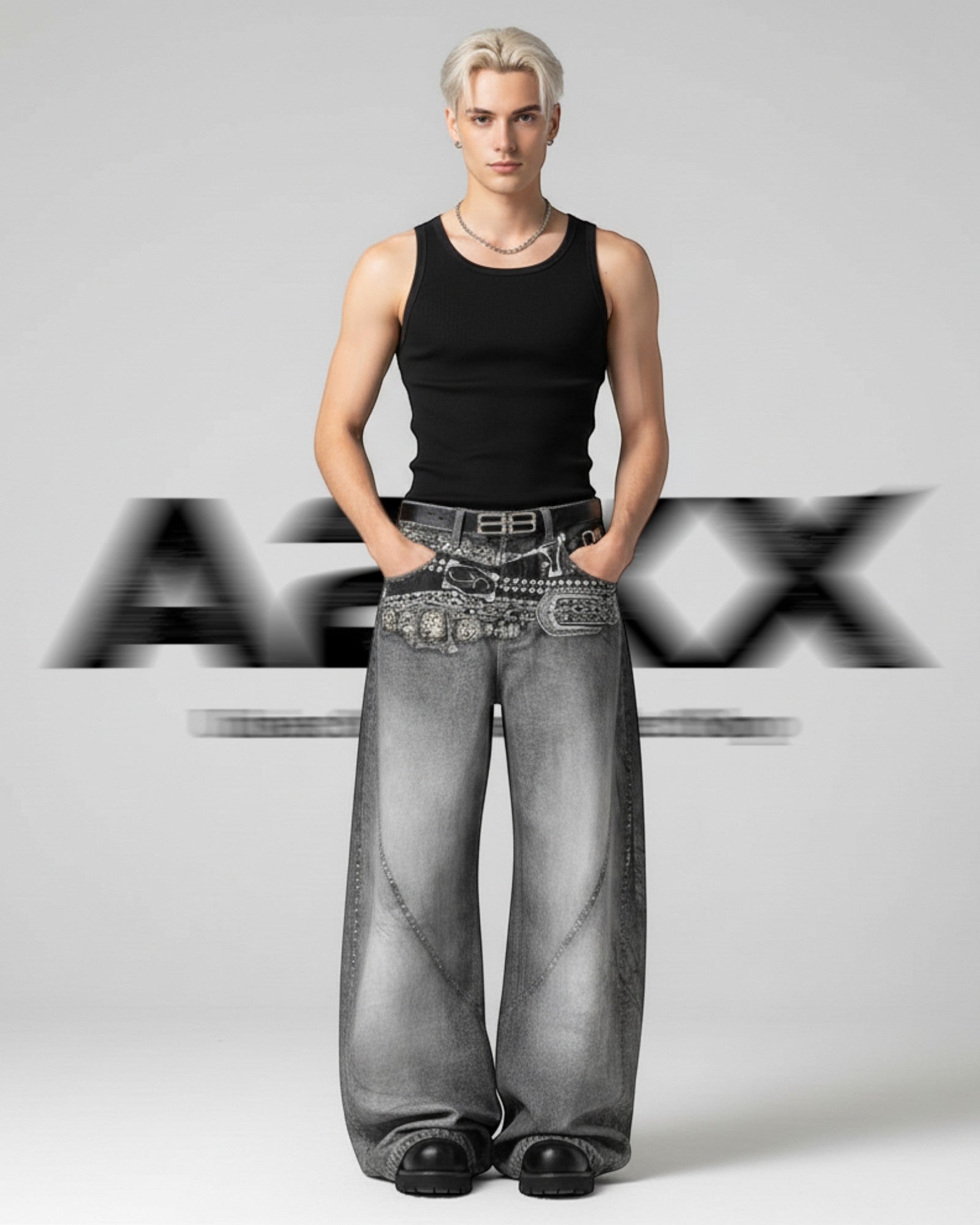 Venom Grey Patchwork Baggy Denim Pants