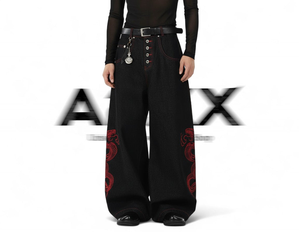 Red Serpent Wide Denim Pants