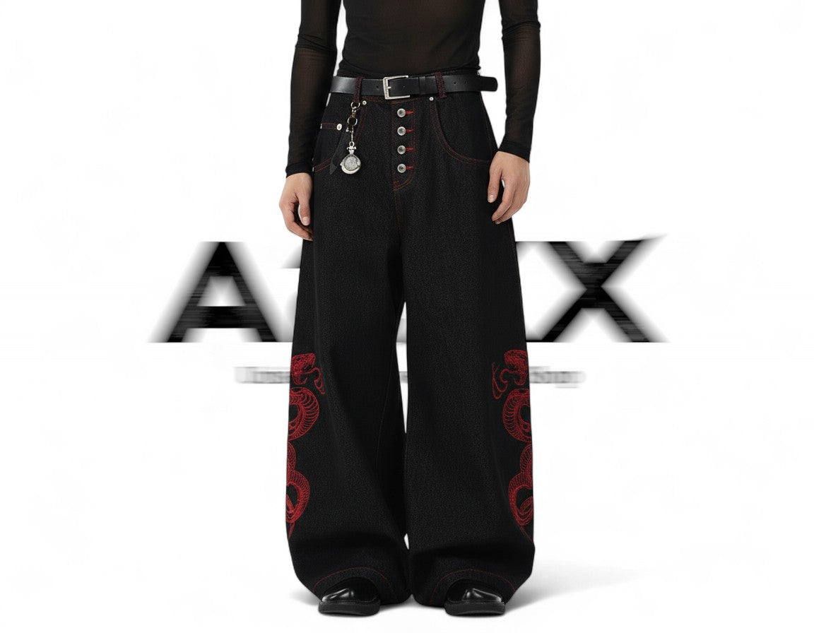 Red Serpent Wide Denim Pants