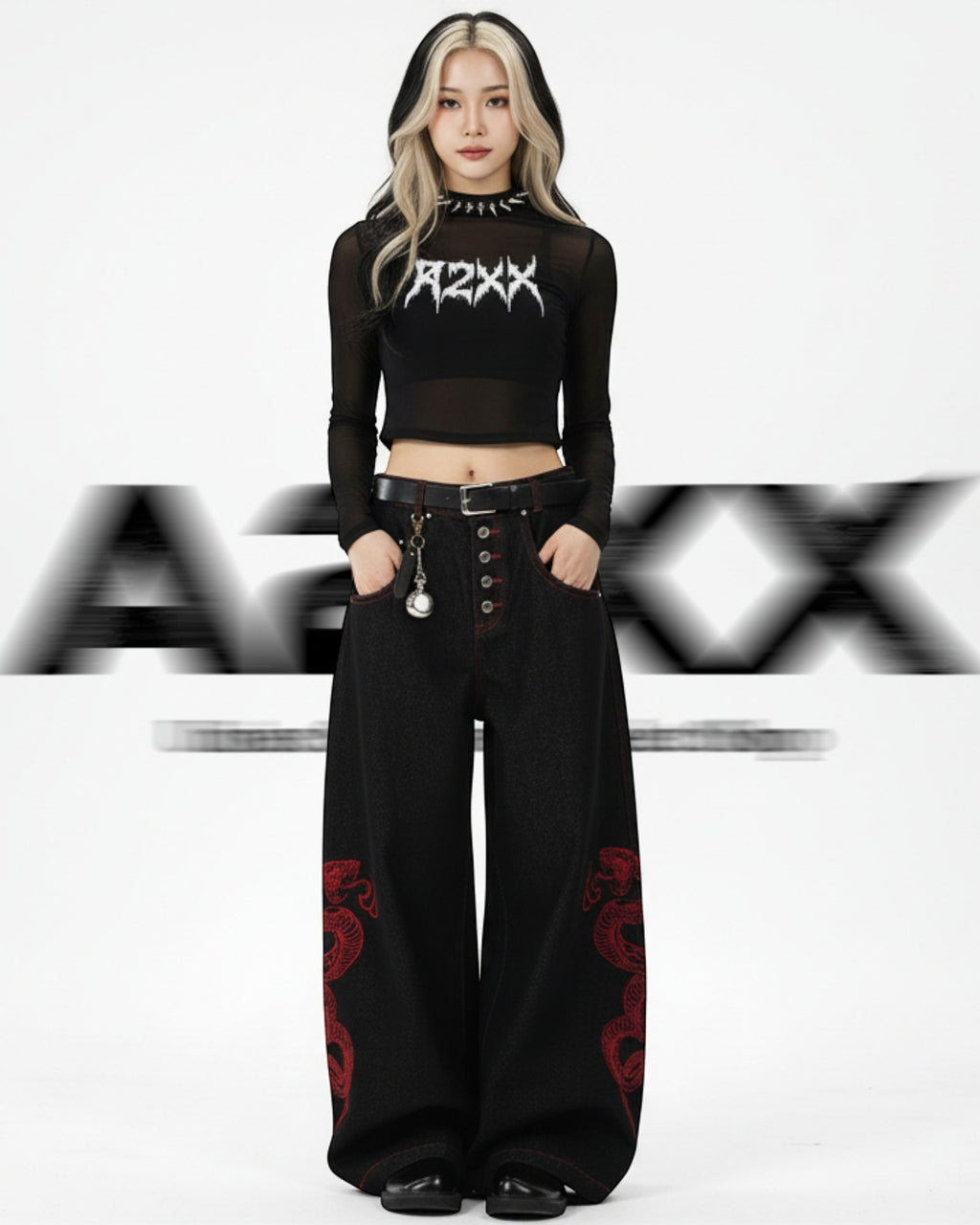 Red Serpent Wide Denim Pants