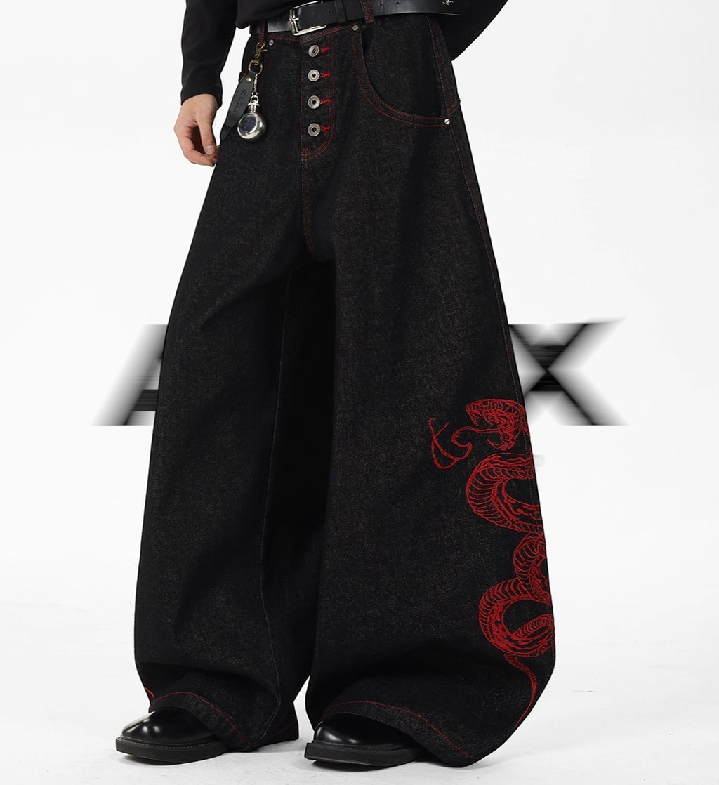 Red Serpent Wide Denim Pants